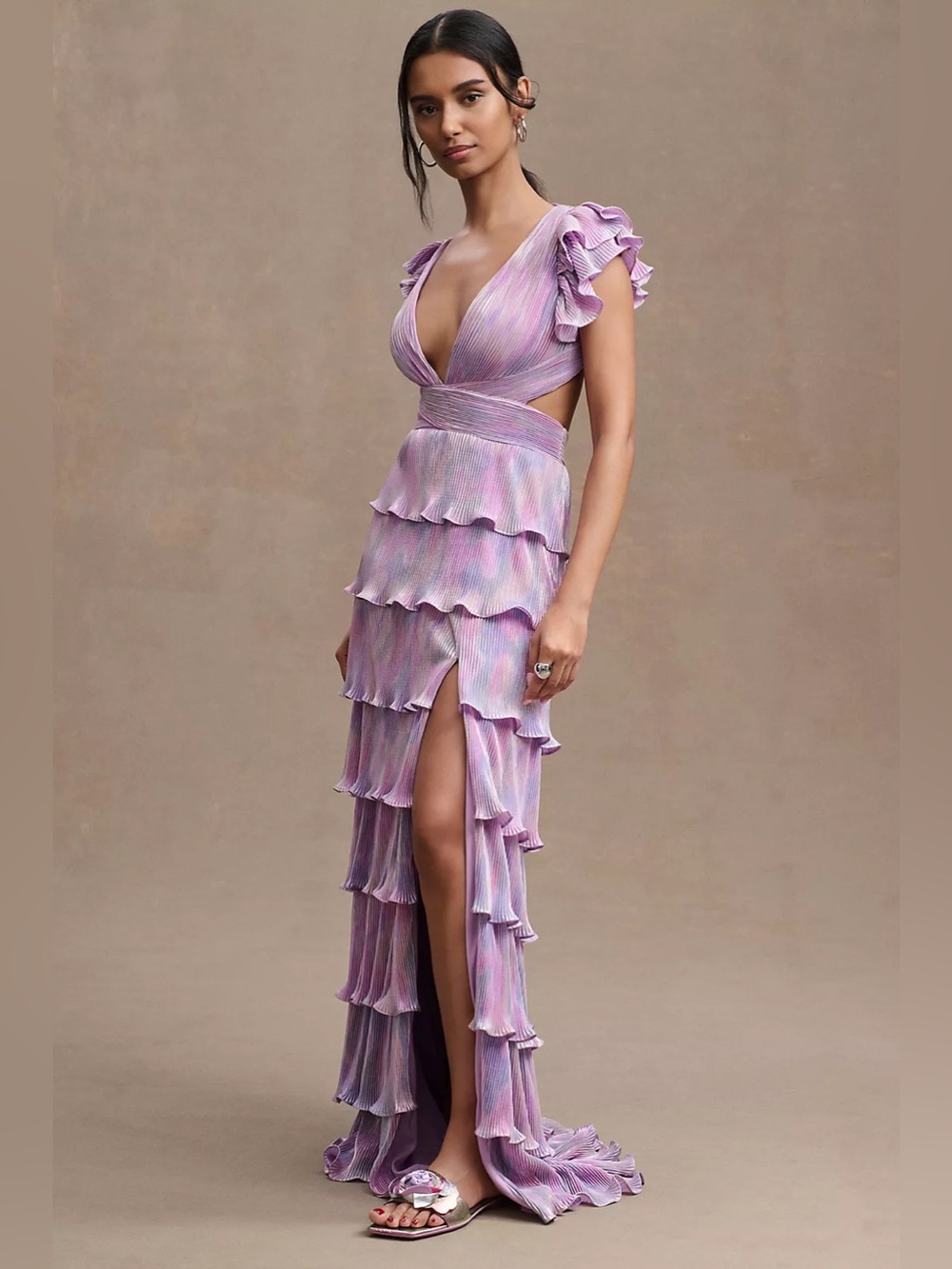 Mac Duggal
Tiered Plissé Lace-Up Flutter-Sleeve Column Gown